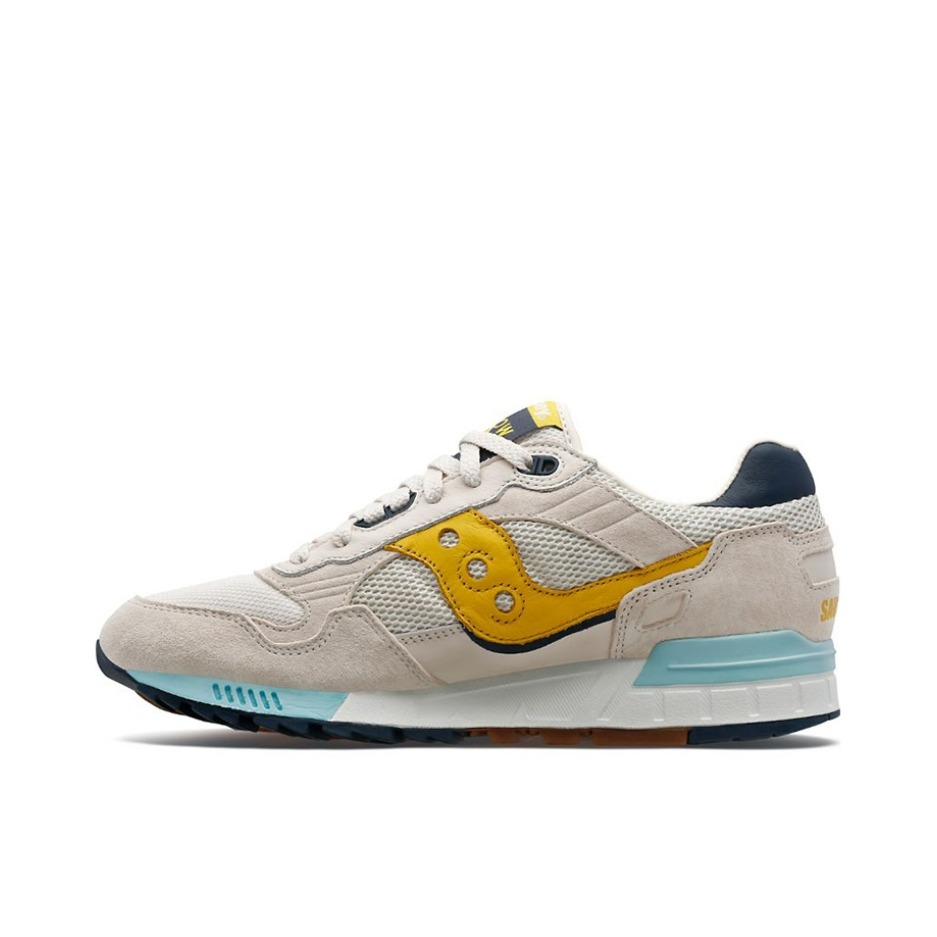 推荐商品：Saucony/索康尼 Shadow 5000 防滑耐磨 经典复古 减震回弹 舒适透气 轻便 运动 防水 低帮 跑鞋 灰/黄/蓝/白