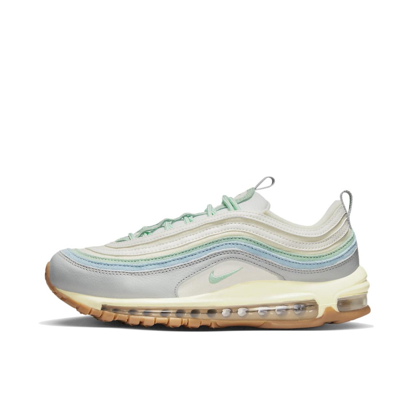 推荐商品：Nike Air Max 97 跑鞋 气垫减震全掌舒适透气防滑耐磨百搭复古织物合成革运动时尚圆头包裹性支撑 灰白色/绿色