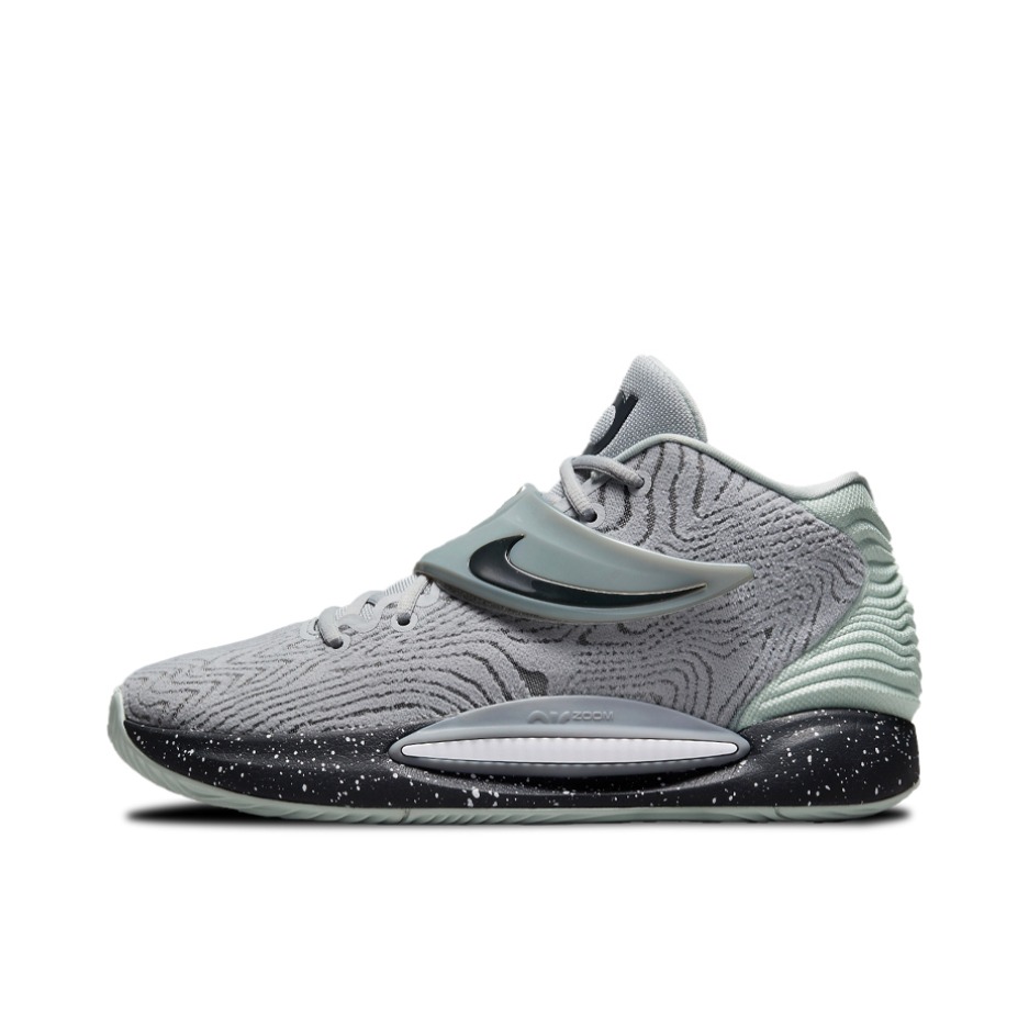 推荐商品：Nike KD 14 杜兰特 防滑耐磨 包裹性 圆头 支撑 实战 减震 织物 魔术贴 篮球鞋 灰色/青绿色