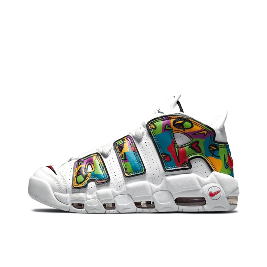 推荐商品：Nike Air More Uptempo 运动休闲鞋 缓震复古百搭防滑耐磨支撑圆头篮球风 Peace, Love, Swoosh 白色/彩色符号