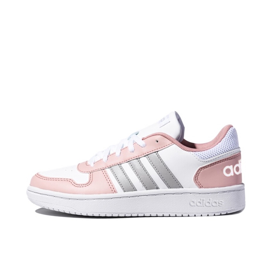 推荐商品：adidas Hoops 2.0 板鞋 简约百搭复古透气轻便舒适防滑耐磨圆头轻运动 Pink/White/Silver 女款/粉色/白色