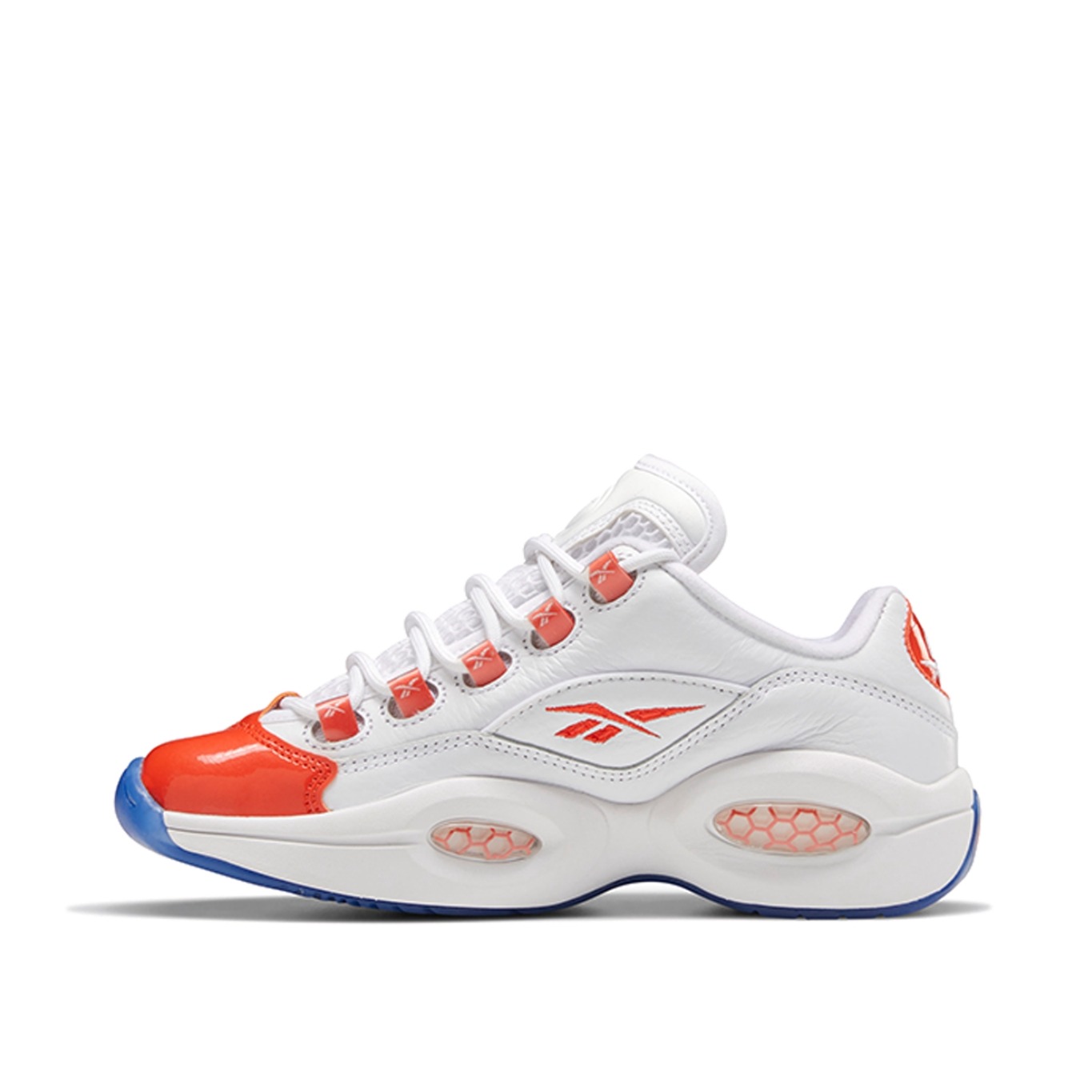 推荐商品：Reebok/锐步 Question 复古 减震 防滑耐磨 实战 透气 运动 包裹性 篮球鞋 白色/橘橙/蓝色