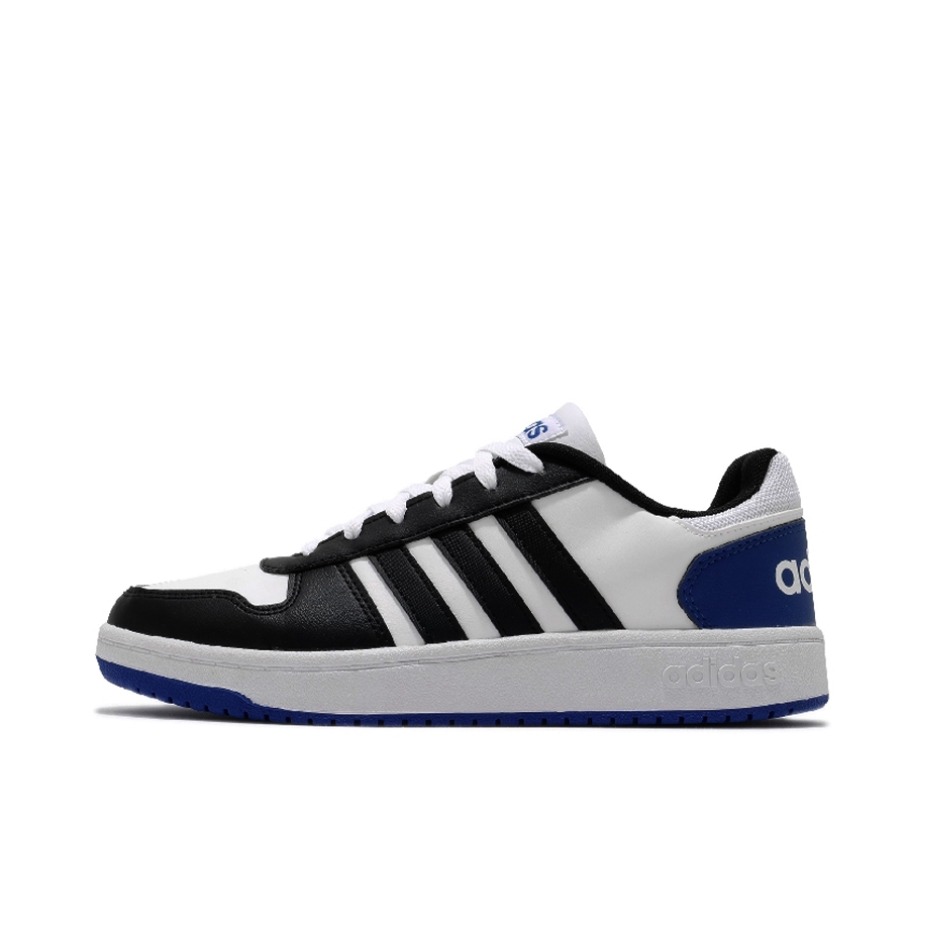 推荐商品：adidas Hoops 2.0 板鞋 简约百搭复古透气轻便舒适防滑耐磨圆头轻运动 White/Black/Blue 蓝Low/白色/黑色