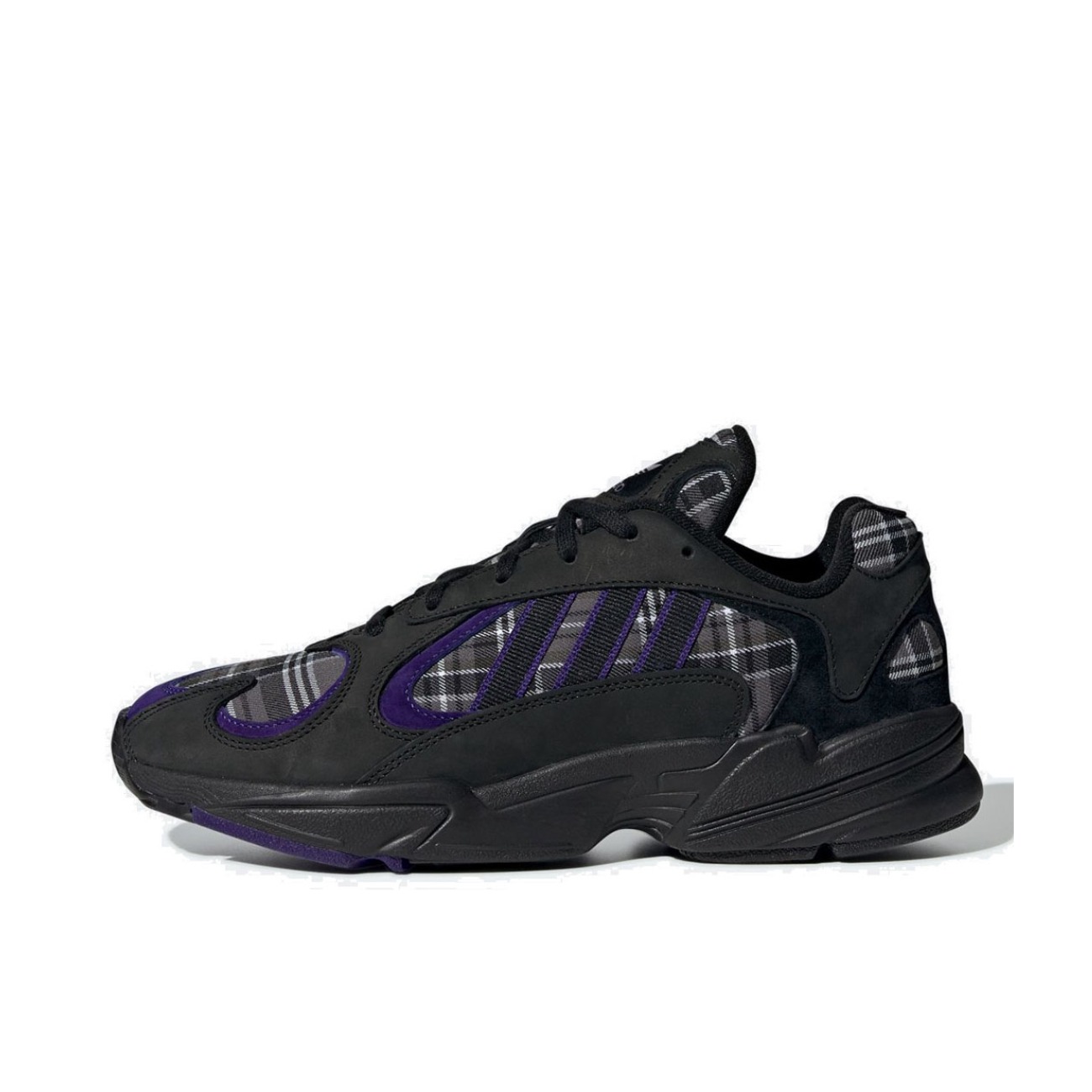 推荐商品：adidas Originals Yung-1 经典复古 潮流 防滑耐磨 舒适透气 增高 轻便 运动休闲鞋 Core Black/Collegiate Purple 黑紫格纹