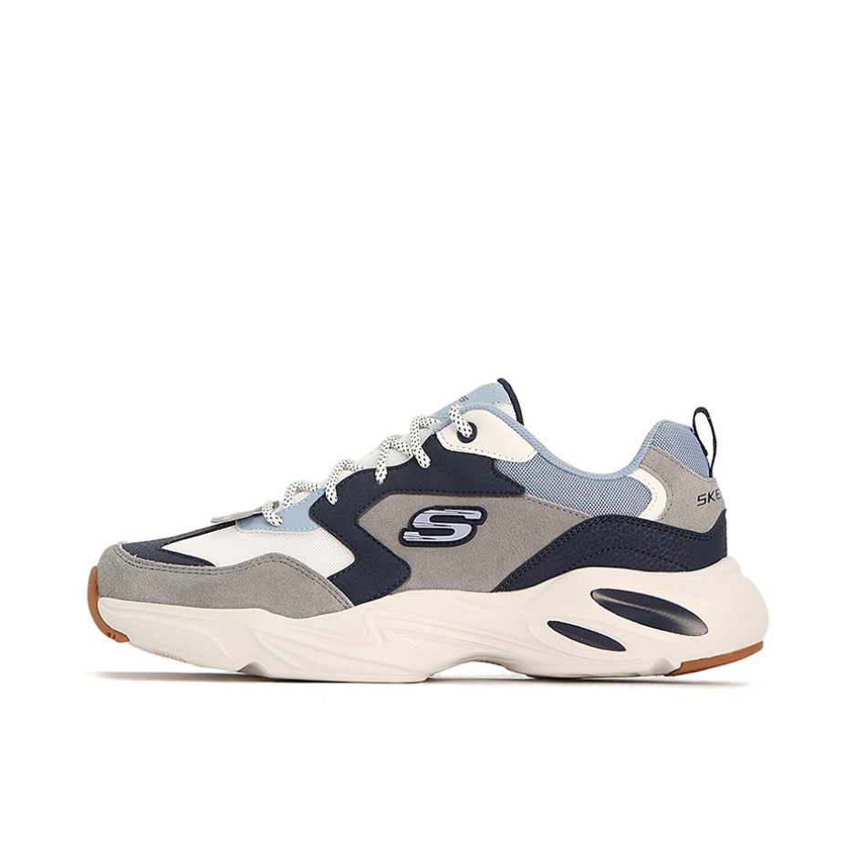推荐商品：Skechers/斯凯奇 Stamina Airy 潮流复古 网面透气 舒适耐磨 拼接 减震厚底 增高鞋 海军蓝/灰色/白色