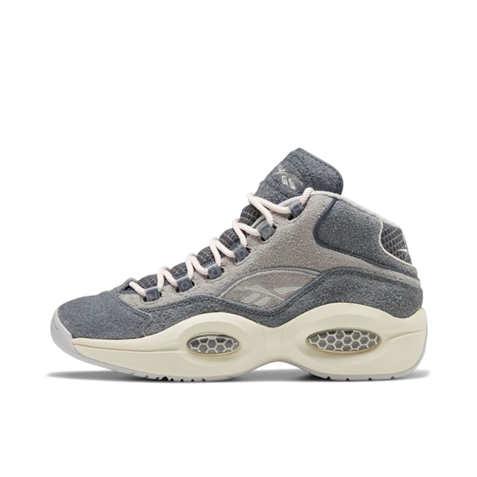 推荐商品：Reebok/锐步 Question 复古 减震 防滑耐磨 实战 透气 运动 包裹性 篮球鞋 Mid Grey Suede 绒面/灰色