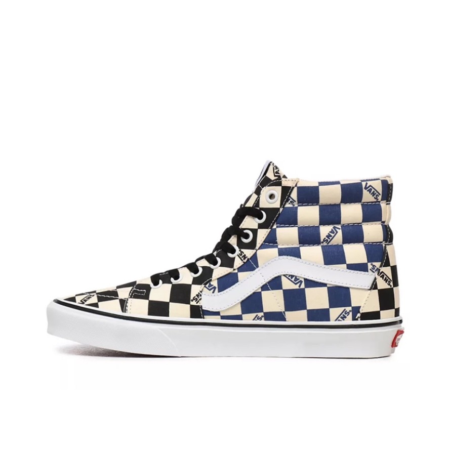推荐商品：Vans/范斯 SK8-Hi 板鞋 潮流经典拼接复古街头厚底 黑蓝白棋盘格