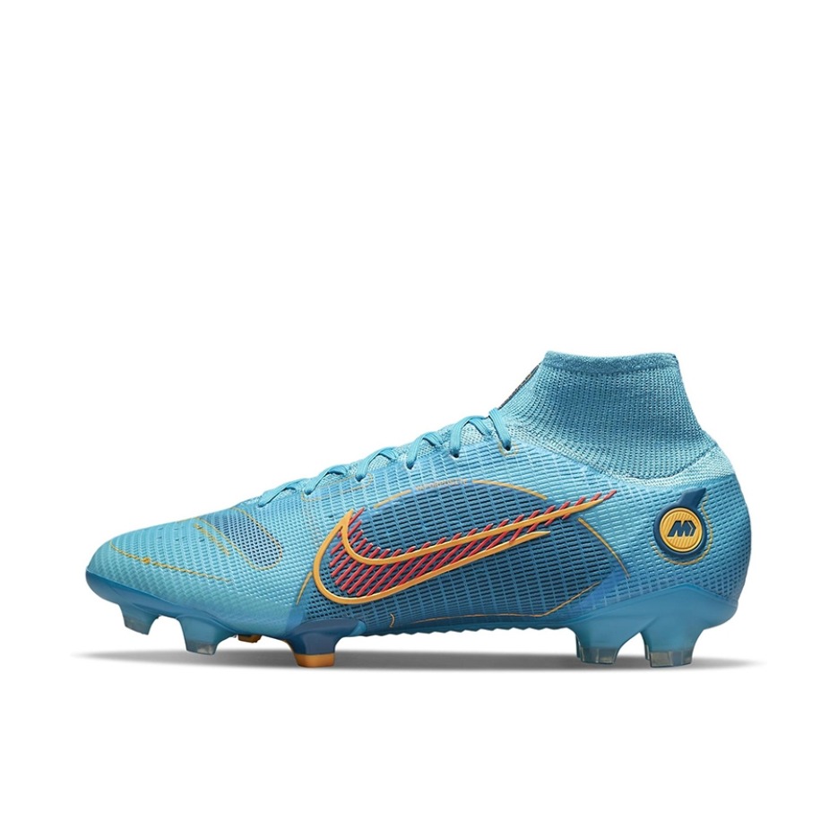 推荐商品：Nike Mercurial Superfly 8 Elite FG 顶级 胶质长钉 天然草地 减震防滑耐磨 足球鞋  蓝色/黄色 