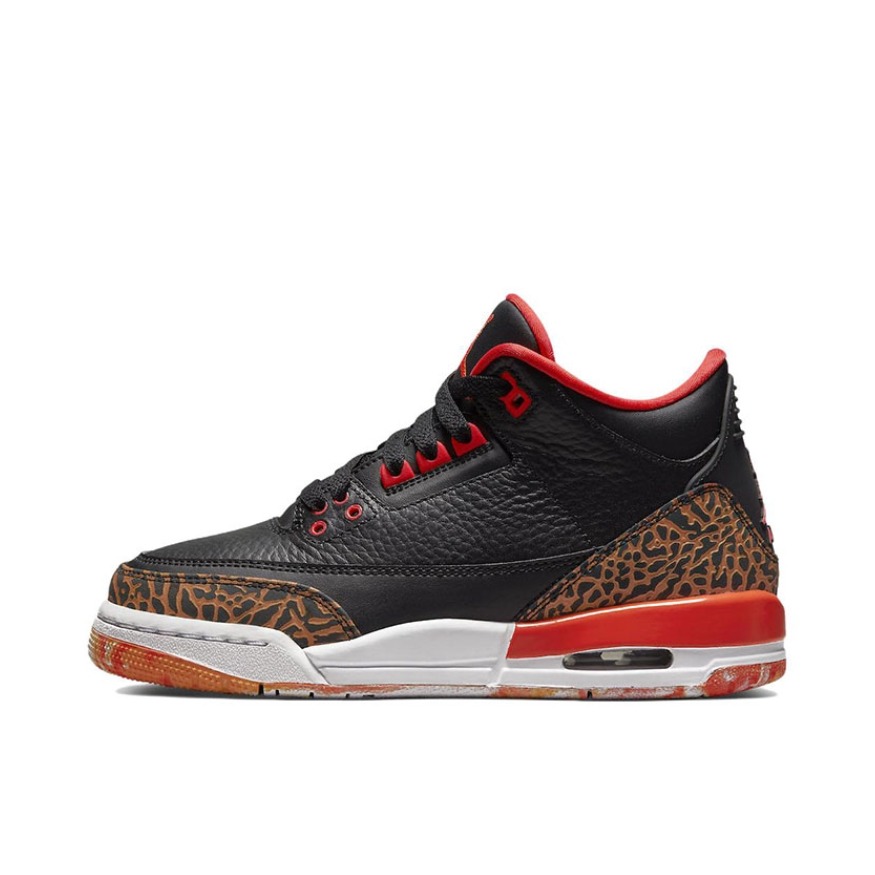 推荐商品：Air Jordan 3 运动休闲鞋 潮流复古抓地支撑缓震合成革圆头 Kumquat GS/黑橙红/豹纹