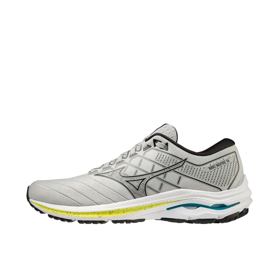 推荐商品：Mizuno/美津浓 Wave Inspire 18 稳定支撑 缓震回弹 舒适透气 织物 百塔 跑鞋 浅灰/绿色