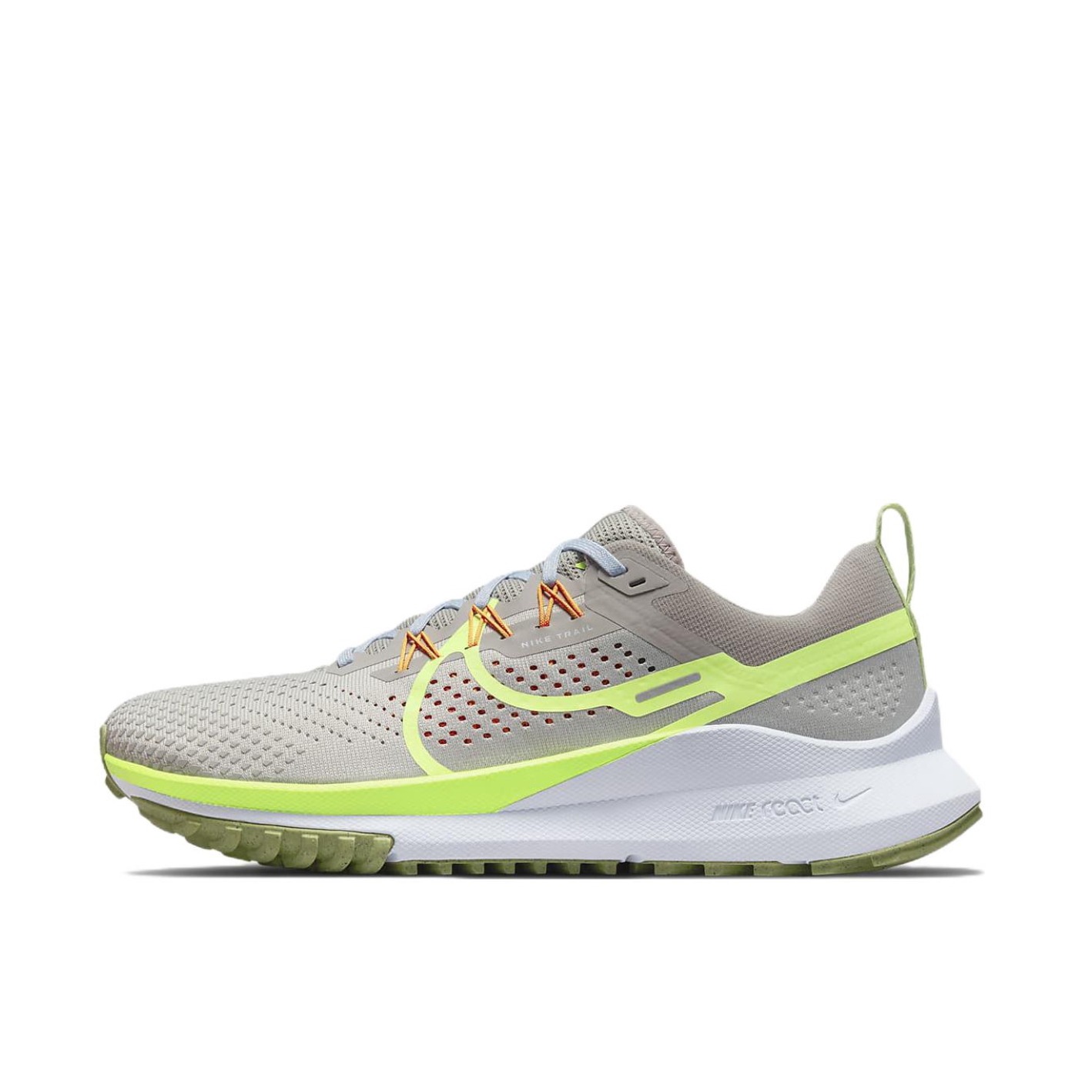 推荐商品：Nike React Pegasus Trail 4 飞马 跑鞋 缓震户外越野防水防滑织物支撑训练圆头回弹平稳 矿石灰/荧光黄