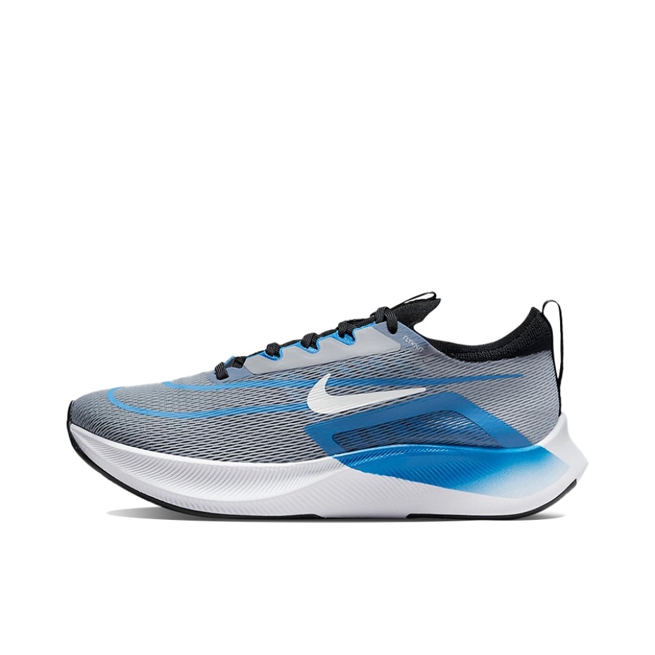 推荐商品：Nike Zoom Fly 4 跑鞋 碳板竞速透气回弹减震耐磨织物全掌泡棉 灰色/蓝色