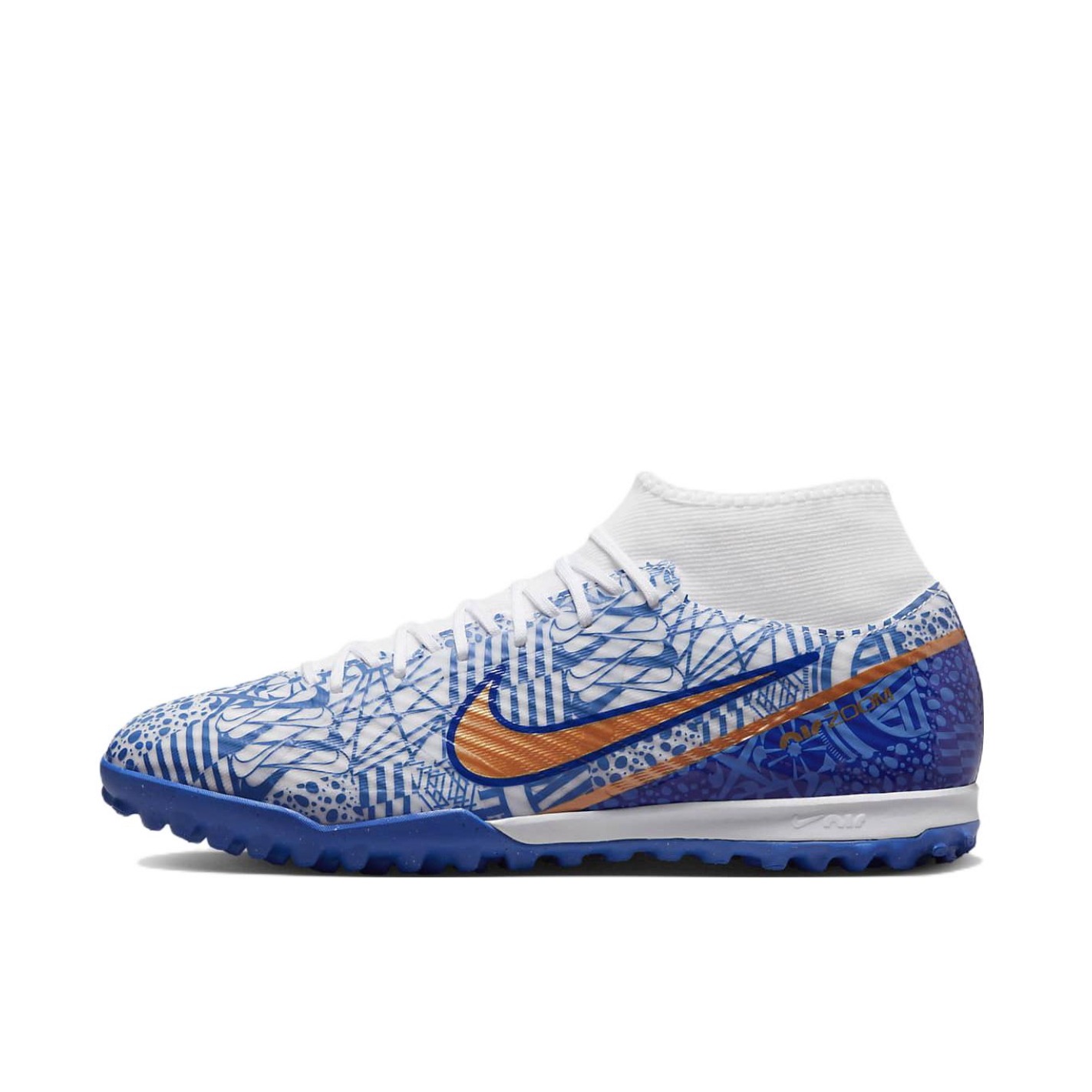 推荐商品：Nike Zoom Mercurial Superfly 9 Academy CR7 TF 中端 胶质碎钉 硬草地人造草地 舒适 足球鞋 白色/蓝色