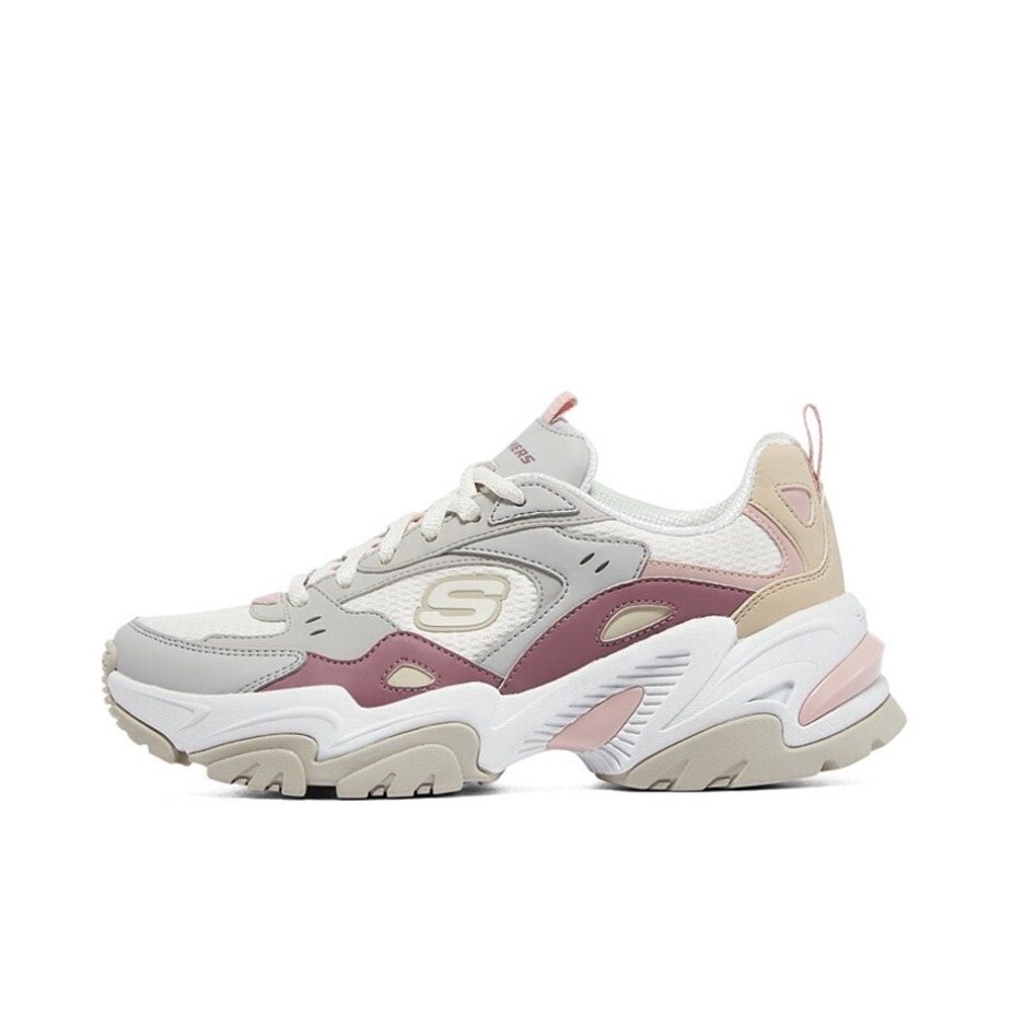 推荐商品：Skechers/斯凯奇  Stamina V2  机甲鞋二代  老爹鞋 跑步鞋 机能风绑带厚底增高缓震轻便   女款/浅灰色/豆沙红