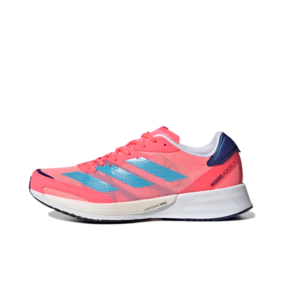 推荐商品：adidas Adizero Adios 6 跑鞋 马拉松竞速网布透气防滑耐磨织物碳板 粉色/蓝色/白色