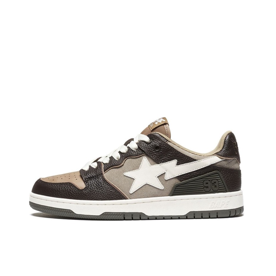 推荐商品：Bape Sta 板鞋 拼接舒适皮革防滑耐磨系带圆头时尚简约复古百搭牛皮压纹平跟徽标星星图案 棕色/灰色