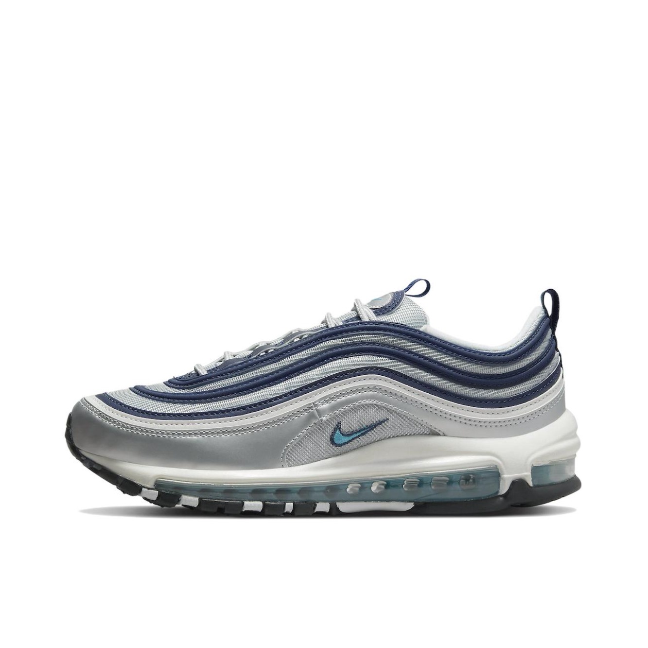 推荐商品：Nike Air Max 97 跑鞋 气垫减震全掌舒适透气防滑耐磨百搭复古织物合成革运动时尚圆头包裹性支撑 男款/银蓝色