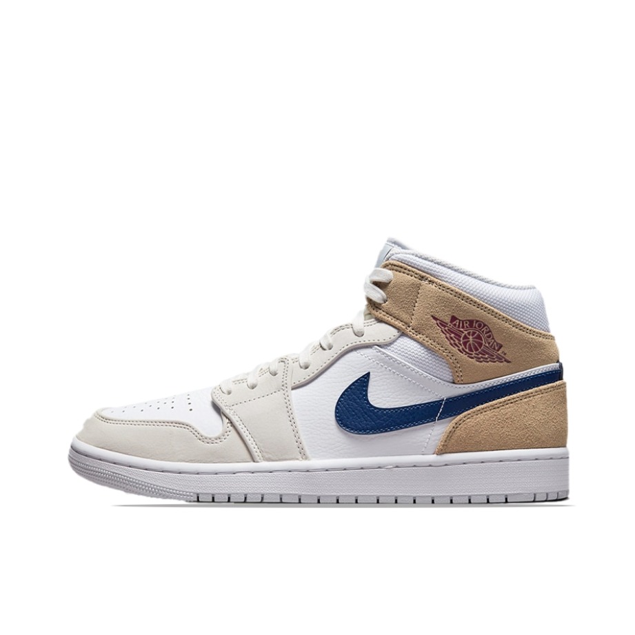 推荐商品：Air Jordan 1 板鞋 运动休闲鞋 复古潮流支撑合成革 Tan Suede 中帮/白色/棕褐/海军蓝