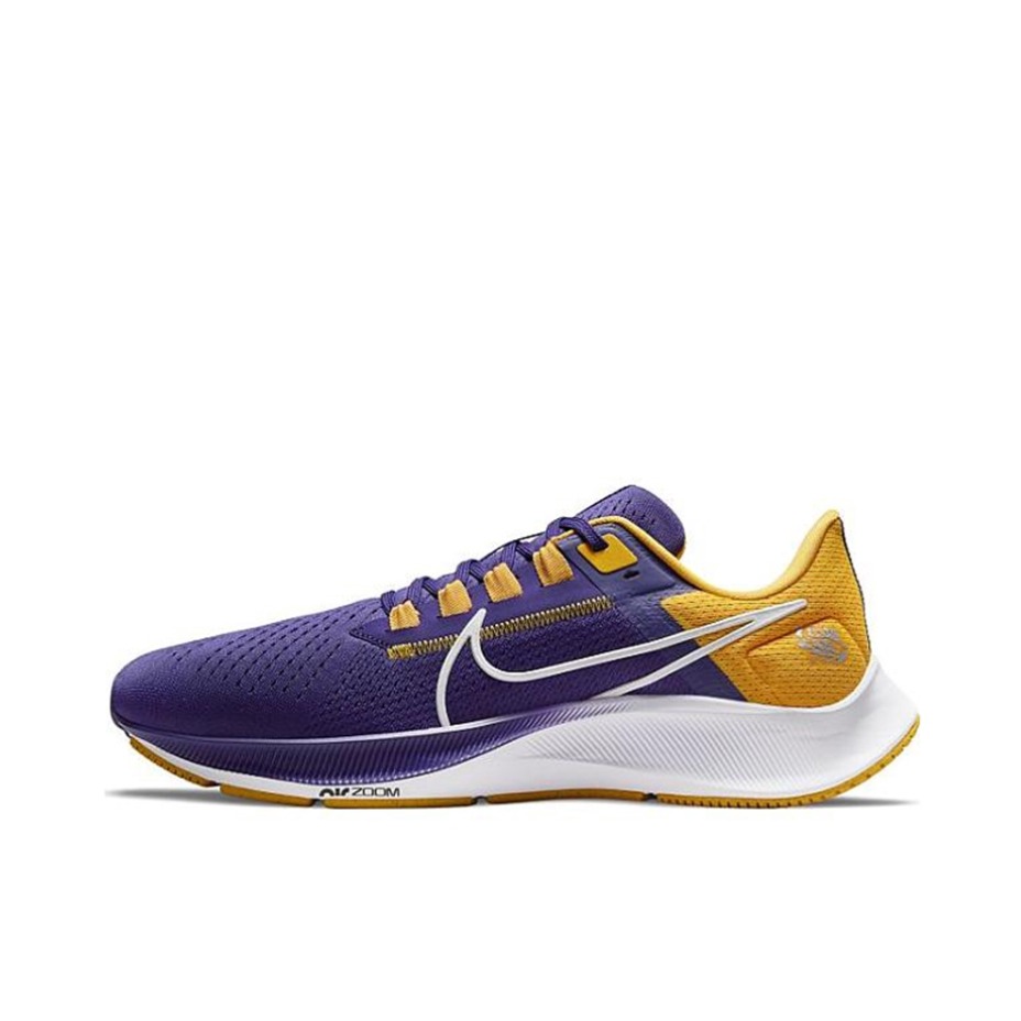 推荐商品：Nike Air Zoom Pegasus 38 跑鞋 气垫缓震透气舒适轻便防滑耐磨休闲运动织物圆头回弹平跟 低帮/紫色/黄色