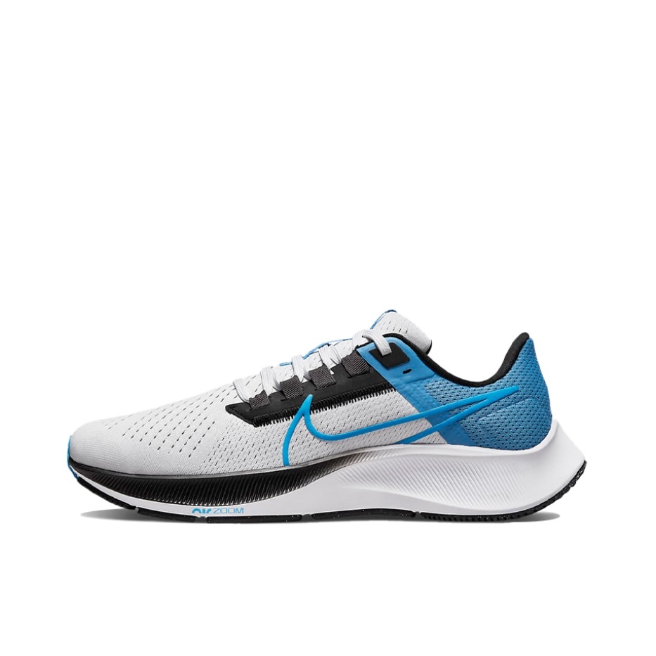 推荐商品：Nike Air Zoom Pegasus 38 跑鞋 气垫缓震透气舒适轻便防滑耐磨休闲运动织物圆头回弹平跟 灰色/蓝色/黑色