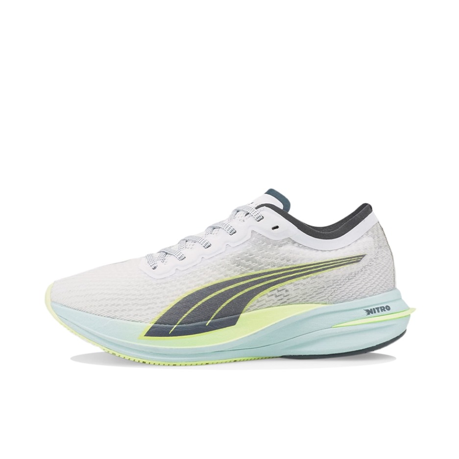 推荐商品：Puma/彪马 Deviate Nitro 氮气 耐磨 轻量 碳板 网布 织物 防水 马拉松 跑鞋 灰蓝色/荧光黄