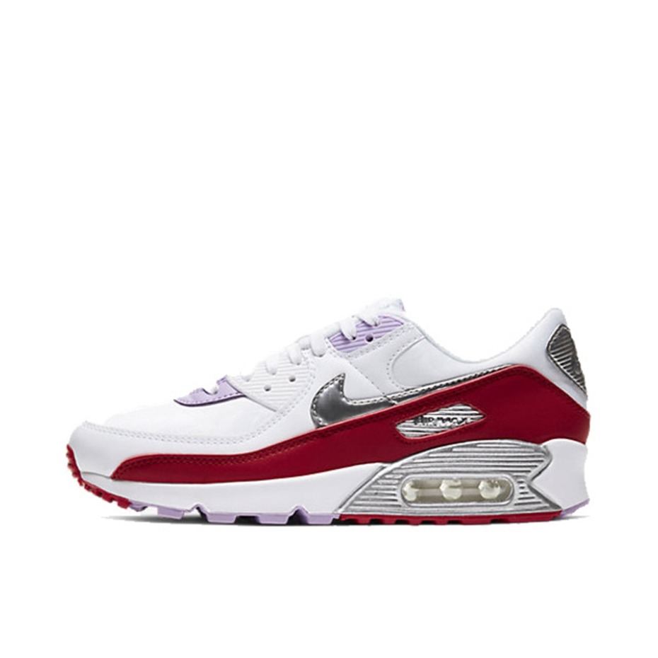 推荐商品：Nike Air Max 90 跑鞋 气垫合成革缓震透气复古增高圆头贴合拼接 White/Silver/Red 白银红