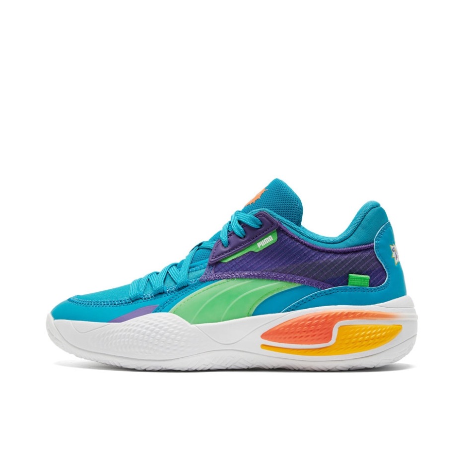 推荐商品：【赵继伟同款】Puma/彪马 Court Rider 1.0 RIDER FOAM中底 合成革 缓震支撑 防滑耐磨 包裹性 篮球鞋 Rugrats联名/蓝绿/火焰橙