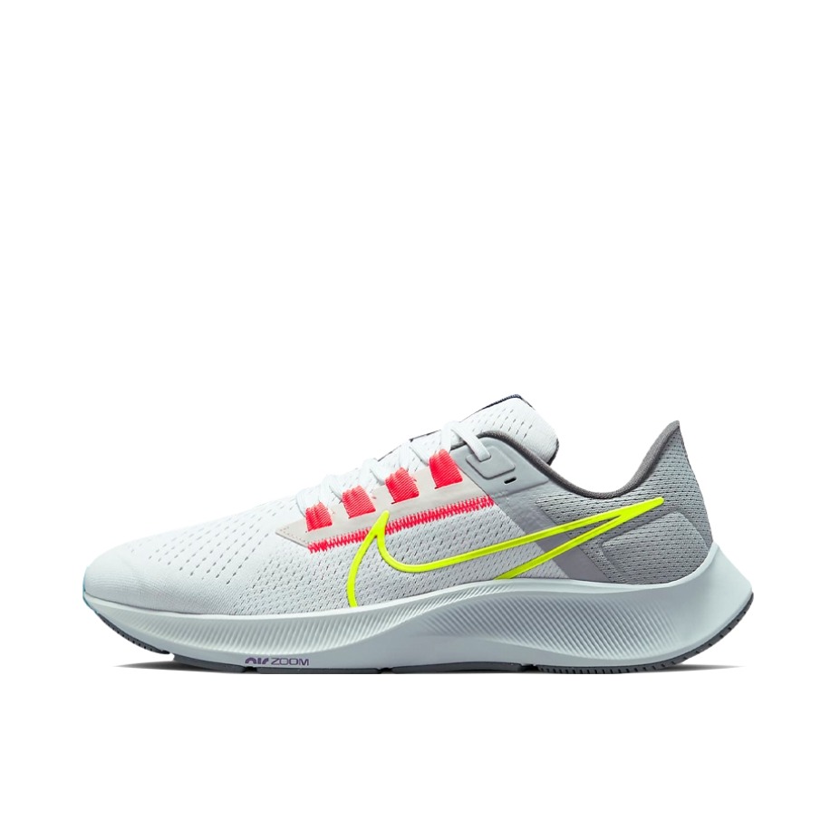 推荐商品：Nike Air Zoom Pegasus 38 跑鞋 气垫缓震透气舒适轻便防滑耐磨休闲运动织物圆头回弹平跟 Greedy 男款/暗烟灰/荧光黄/白色
