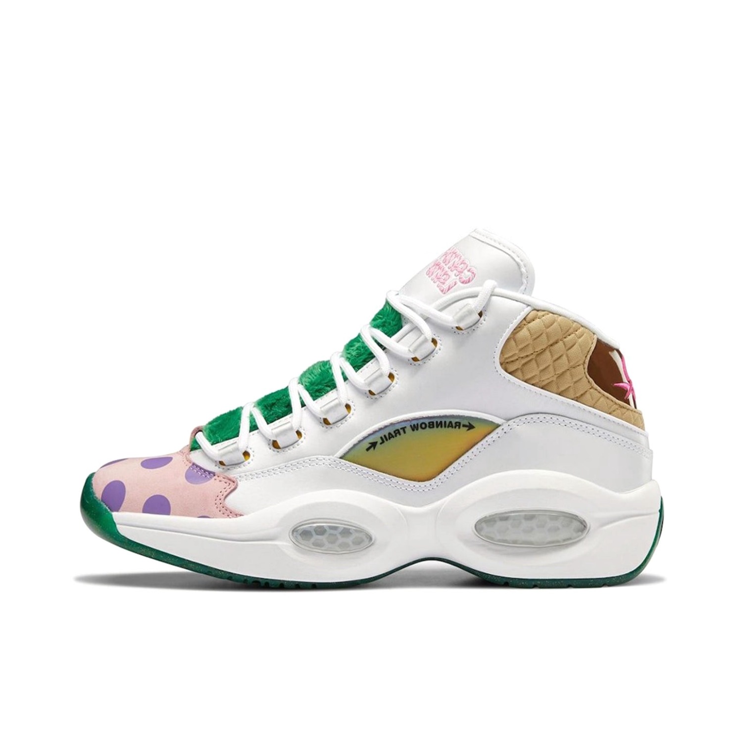 推荐商品：Reebok/锐步 Question 复古 减震 防滑耐磨 实战 透气 运动 包裹性 篮球鞋 Candy Land 白色/绿色/粉红