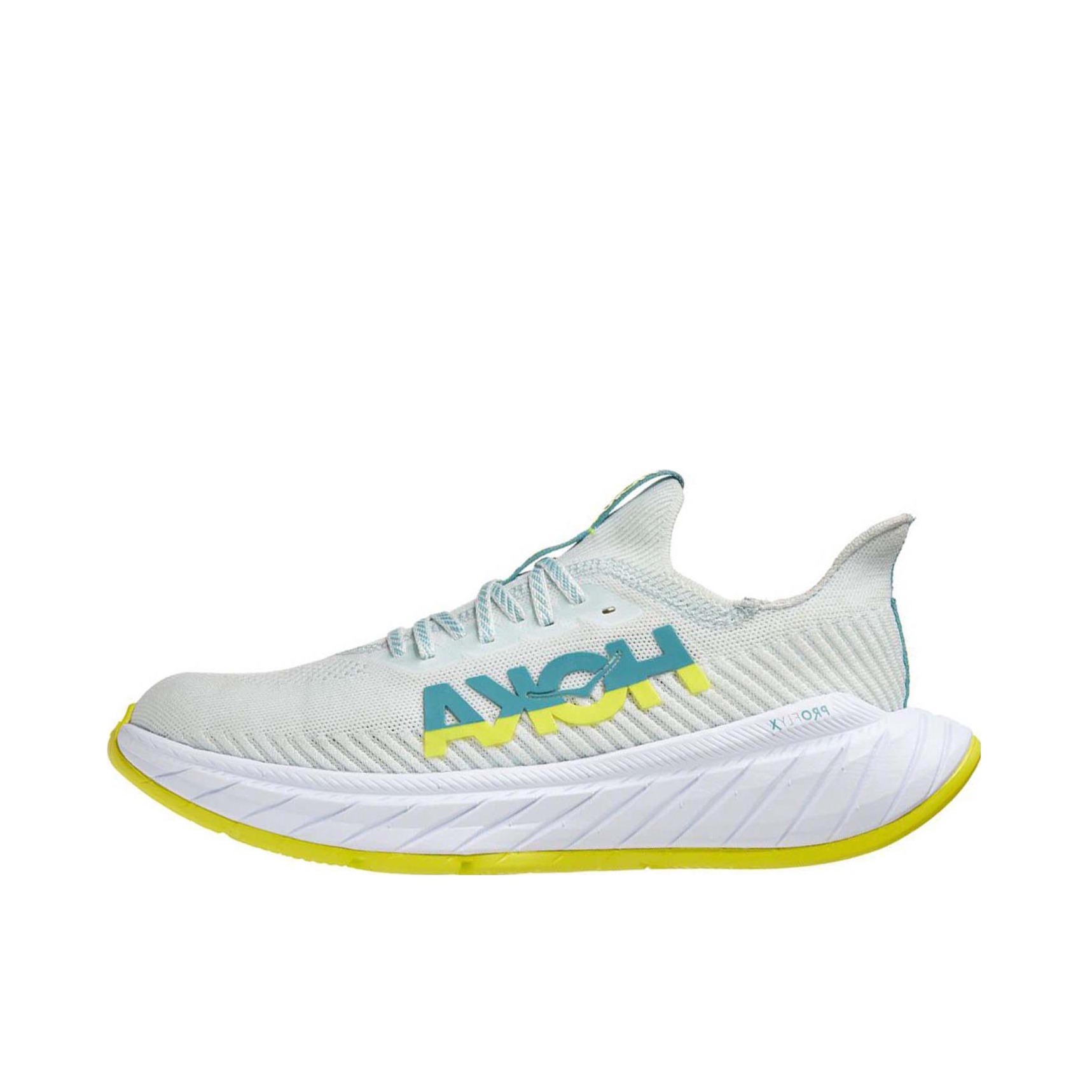 推荐商品：HOKA ONE ONE Carbon X3 竞速 马拉松 网面透气 减震回弹 防滑耐磨 织物 碳板 跑鞋 海盐白/月见草绿