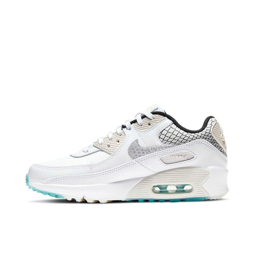 推荐商品：Nike Air Max 90 跑鞋 气垫合成革缓震透气复古增高圆头贴合拼接 GS/白色/灰色/浅蓝