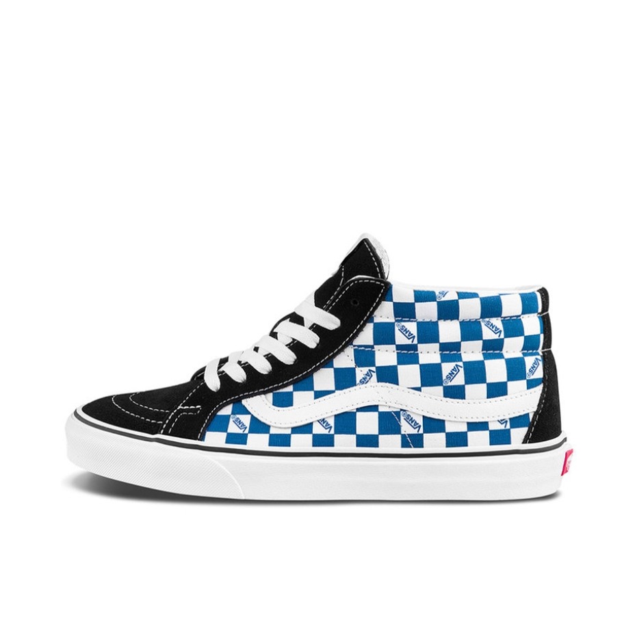 推荐商品：Vans/范斯 SK8-Mid 板鞋 潮流拼接复古百搭防滑耐磨 棋盘格/蓝色/白色