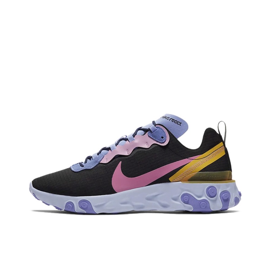推荐商品：Nike React Element 55 跑鞋 轻便透气缓震耐磨舒适泡棉运动织物支撑防滑解构 Black/Pink/Yellow PRM/黑粉黄