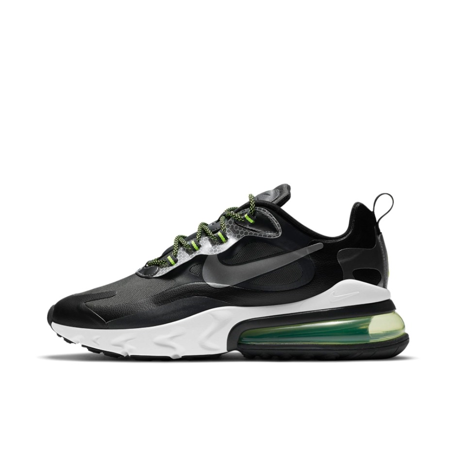 推荐商品：Nike Air Max 270 React 跑鞋 气垫缓震耐磨舒适透气复古拼接圆头回弹 煤黑/反射银/碳粉黑