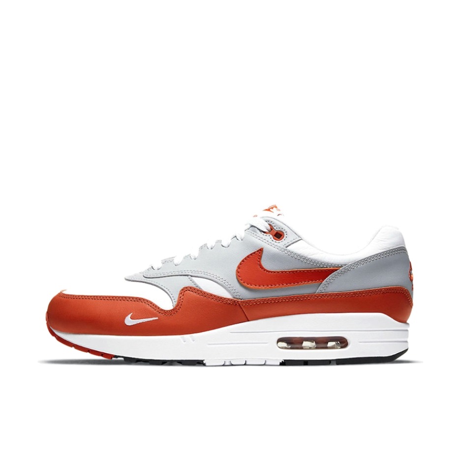 推荐商品：Nike Air Max 1 跑鞋 气垫缓震透气轻便复古运动舒适百搭潮流耐磨低帮训练防滑冬季支撑马拉松防水抓地圆头耐穿 Martian Sunrise 白色/狼灰/红色