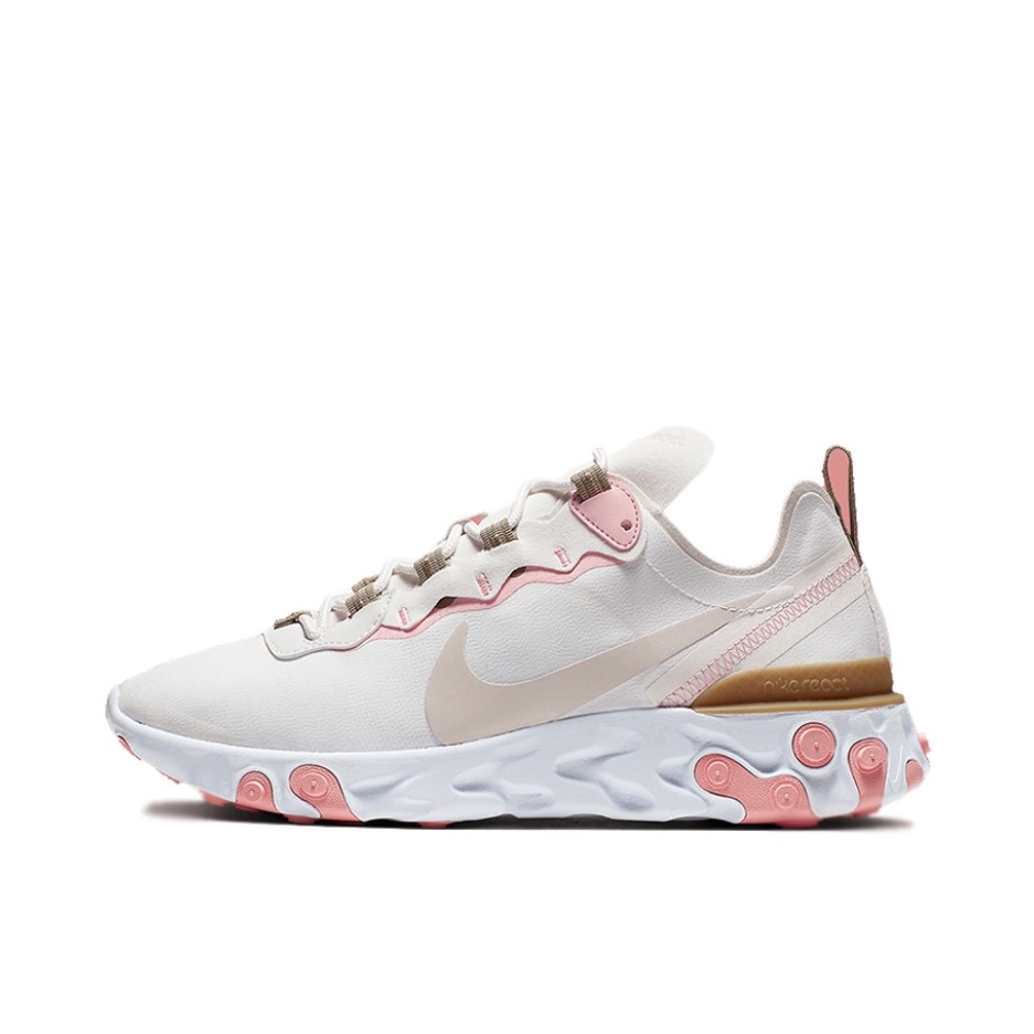 推荐商品：Nike React Element 55 跑鞋 轻便透气缓震耐磨舒适泡棉运动织物支撑防滑解构 White/LightPink/FloralWhite 女款/白色/浅粉