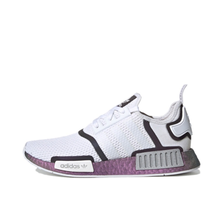 推荐商品：adidas Originals NMD R1 BOOST 织物 轻便透气 缓震 低帮 运动休闲鞋 白色/紫色/黑色