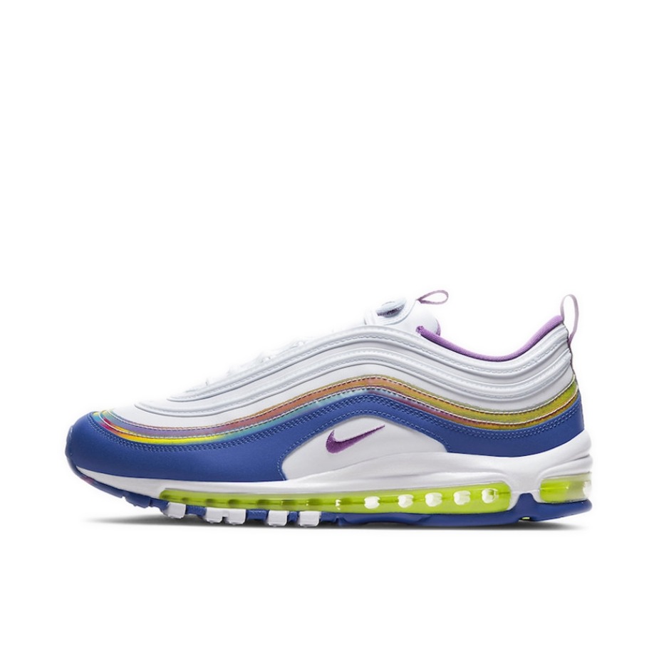 推荐商品：Nike Air Max 97 跑鞋 气垫减震全掌舒适透气防滑耐磨百搭复古织物合成革运动时尚圆头包裹性支撑 Easter 白蓝/绿紫