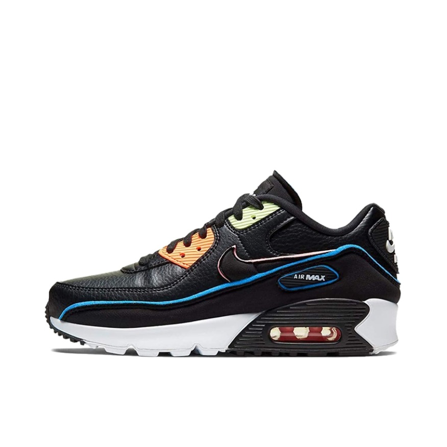 推荐商品：Nike Air Max 90 跑鞋 气垫合成革缓震透气复古增高圆头贴合拼接 Blue/Orange/Green 黑蓝橙绿