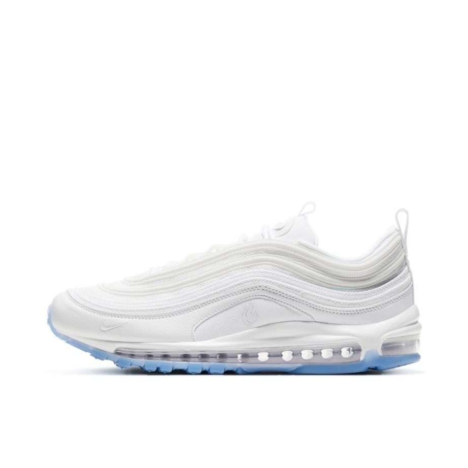 推荐商品：Nike Air Max 97 跑鞋 气垫减震全掌舒适透气防滑耐磨百搭复古织物合成革运动时尚圆头包裹性支撑 White/Blue 白色/浅蓝