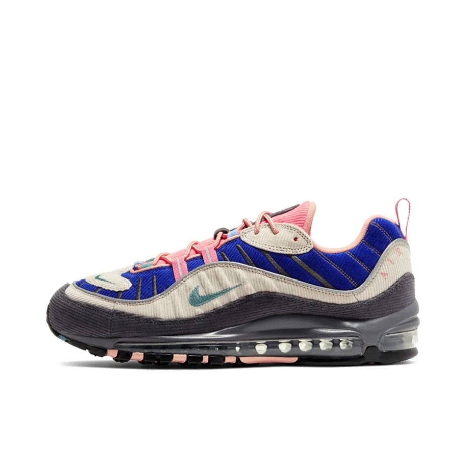 推荐商品：Nike Air Max 98 跑鞋 潮流复古全掌缓震回弹防滑耐磨轻便透气时尚拼接圆头气垫 Beige/Blue/Pink 灯芯绒/蓝粉红