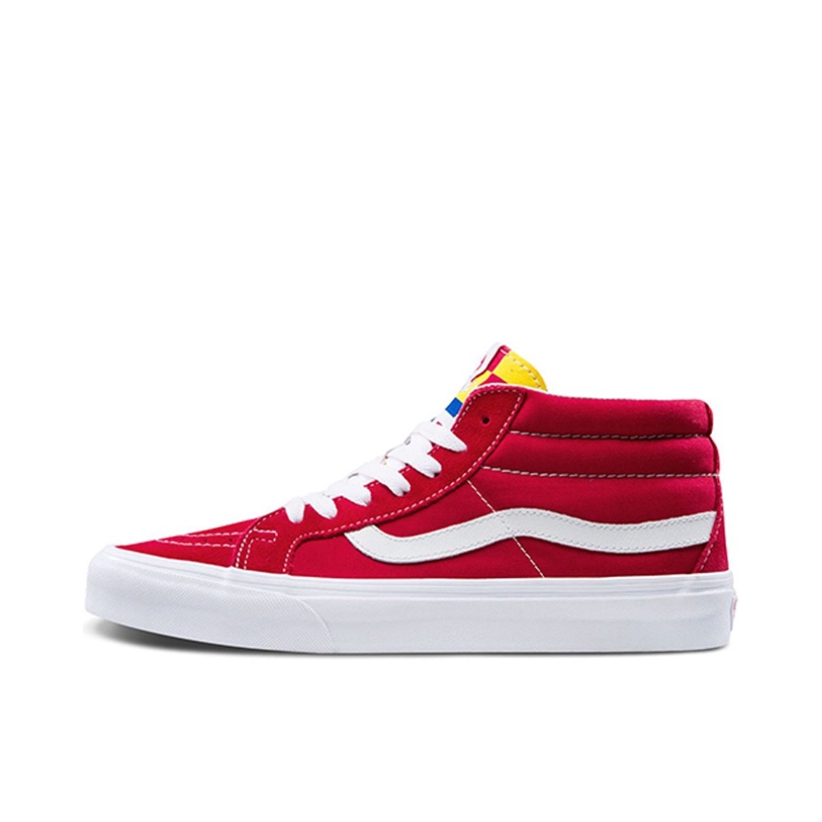 推荐商品：Vans/范斯 SK8-Mid 板鞋 潮流拼接复古百搭防滑耐磨 Red/White 红白/黄鞋舌