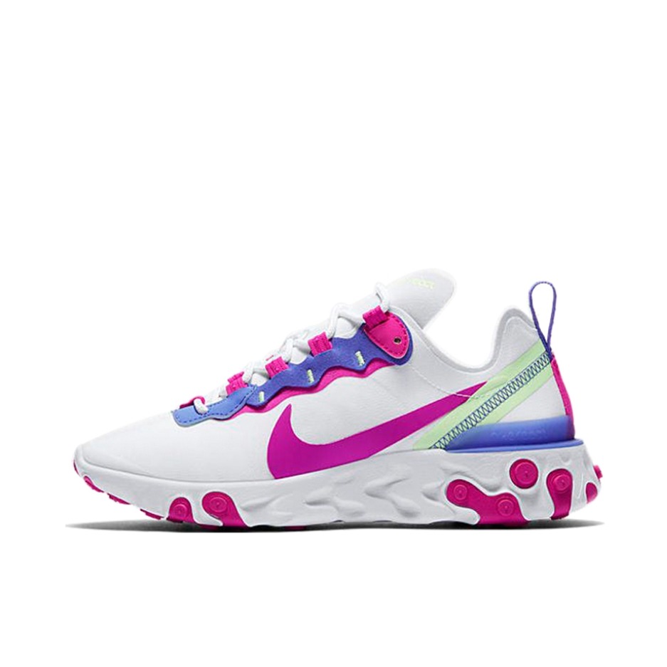 推荐商品：Nike React Element 55 跑鞋 轻便透气缓震耐磨舒适泡棉运动织物支撑防滑解构 White/Sapphire/Barely Volt 女款/白色/紫色/红色