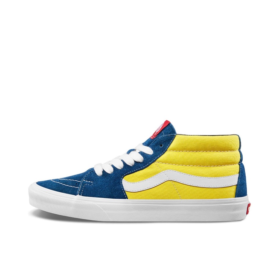 推荐商品：Vans/范斯 SK8-Mid 板鞋 潮流拼接复古百搭防滑耐磨 Sailor Blue/Aspen Gold 藏蓝/黄