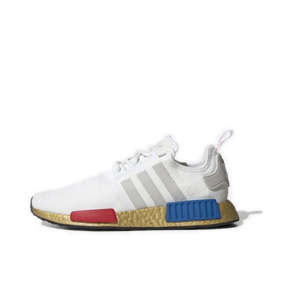 推荐商品：adidas Originals NMD R1 BOOST 织物 轻便透气 缓震 低帮 运动休闲鞋 Golden 白色/红蓝