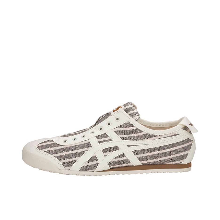 推荐商品：Onitsuka Tiger/鬼塚虎 Mexico 66 Slip-on 懒人鞋 德训鞋 运动休闲鞋 复古轻便透气一脚蹬舒适百搭 Brown/Cream 白灰条纹