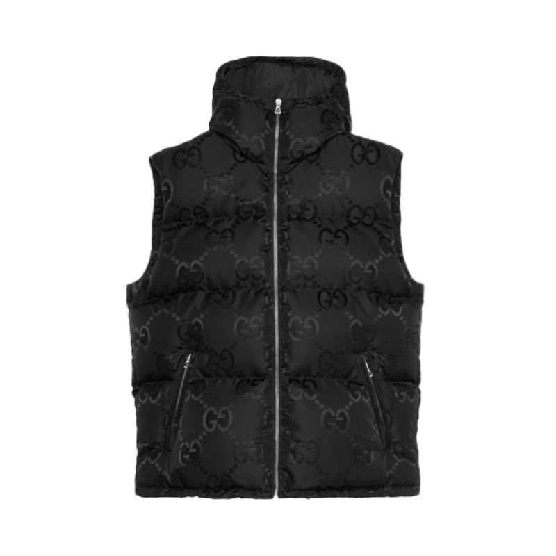 推荐商品：Gucci/古驰 Logo字母满印拉链连帽羽绒马甲 698715-Z8A53 黑