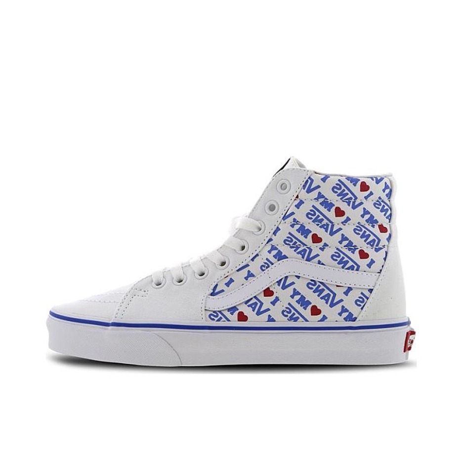 推荐商品：Vans/范斯 SK8-Hi 板鞋 潮流经典拼接复古街头厚底 I Heart Vans/True White 情人节限定/蓝白(2019)