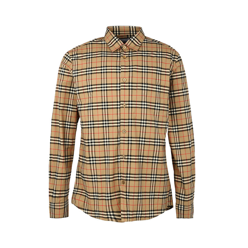 Burberry 博伯利 纯棉棉府绸红线小格子胸前贴袋棉质单排扣翻领长袖衬衫 男女同款