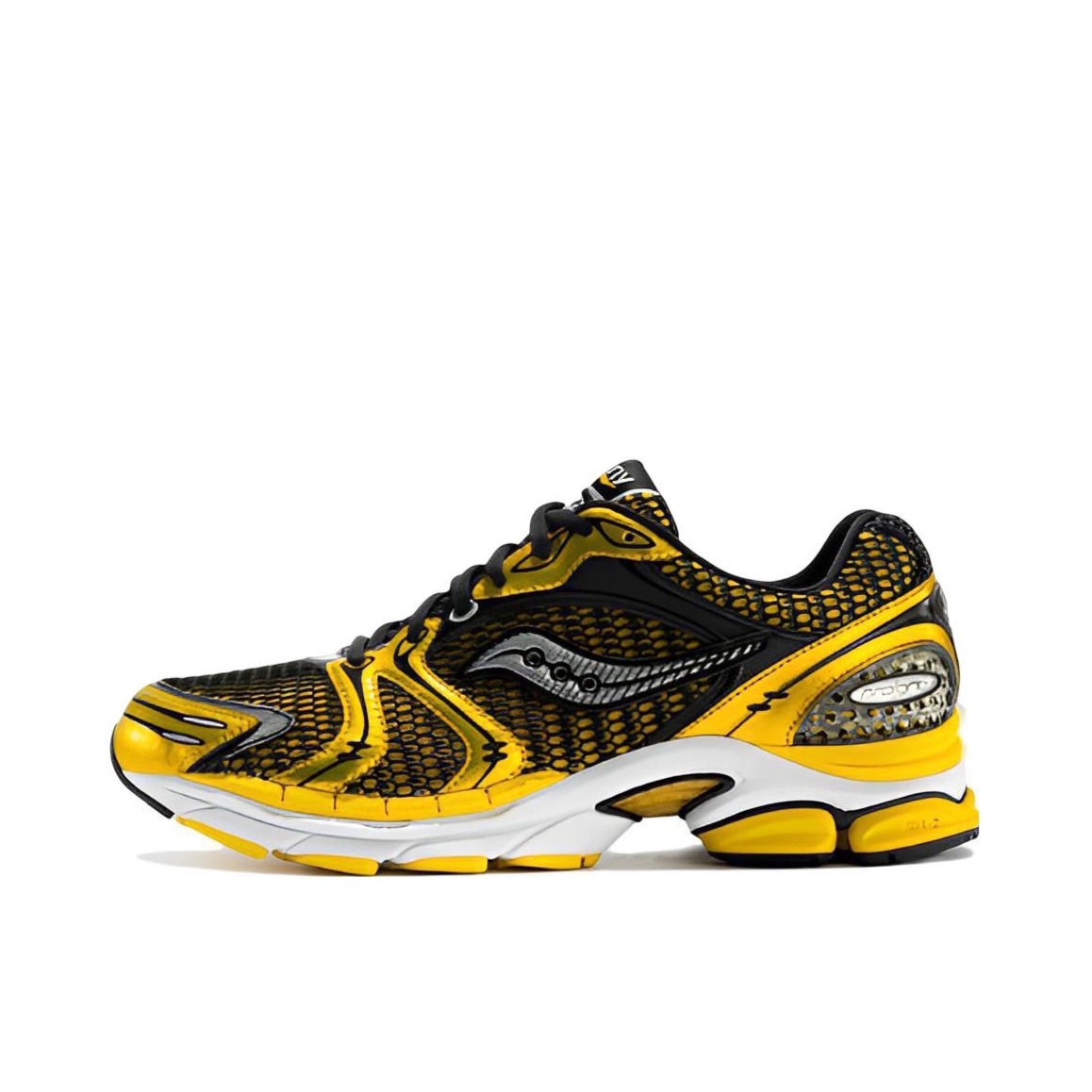 推荐商品：Saucony/索康尼 Progrid Triumph 4 舒适减震 防滑耐磨 网布透气 时尚潮流 缓震 复古 合成革 织物 户外 跑步 运动休闲鞋 黑色/黄色